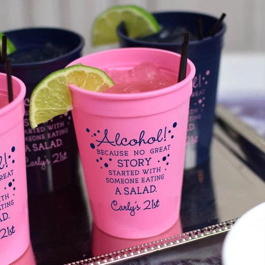 Pink 12 oz. adult birthday stadium cup personalized with no great story design and 1 line of text in navy print