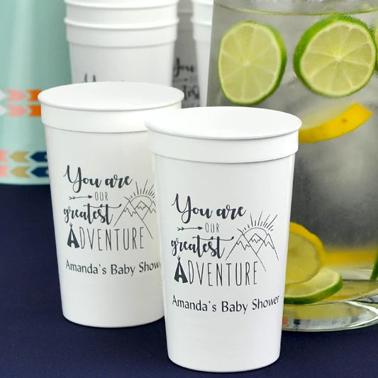White 32 oz. jumbo baby shower stadium cups personalized with our greatest adventure design and 2 lines of custom text in Charcoal grey print