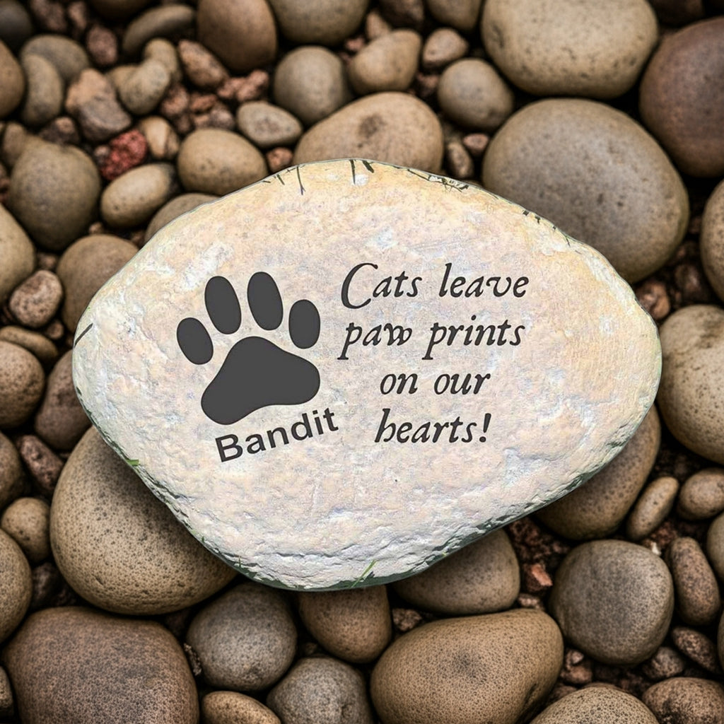 Personalized cat memorial garden stone with paw print and text Cats leave paw prints on our hearts