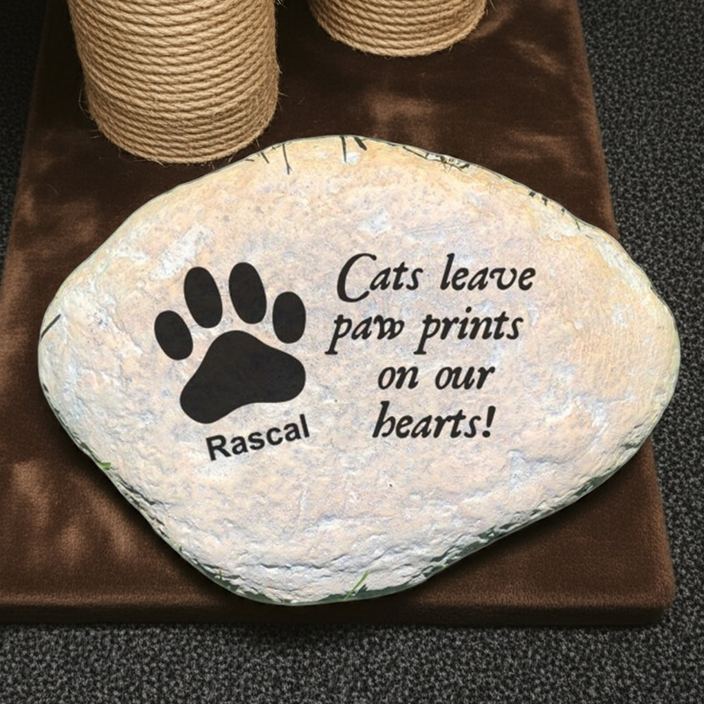 Personalized cat memorial garden stone with paw print and Rascal engraving