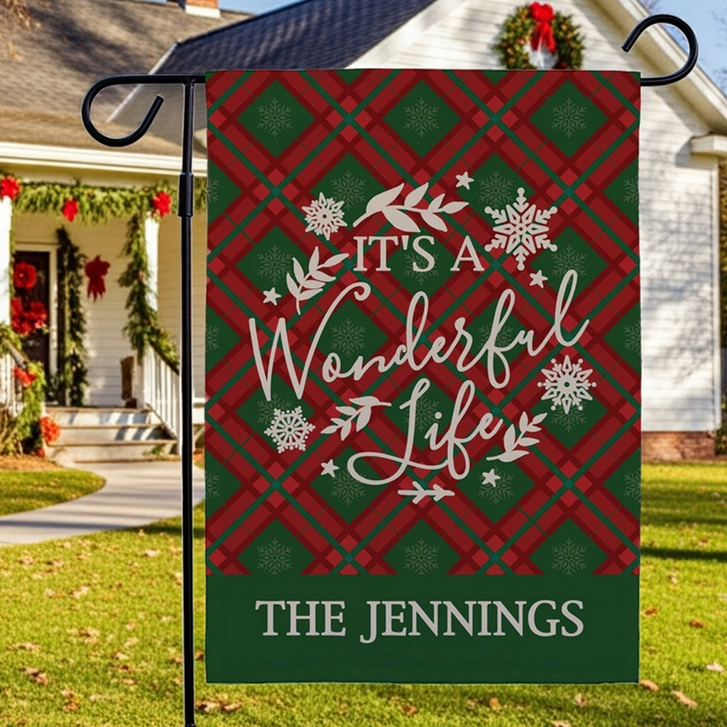 Christmas garden flag featuring festive plaid design with It's A Wonderful Life message for outdoor decoration