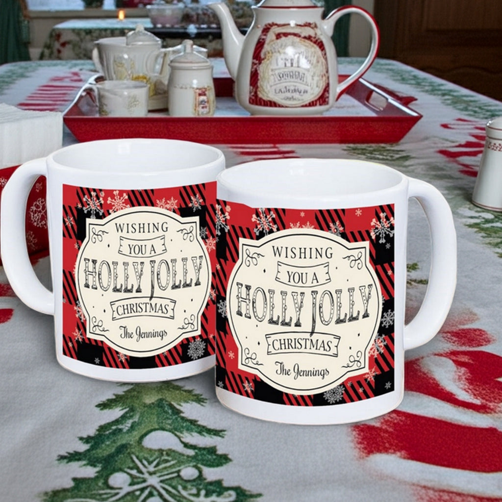Personalized Christmas mug featuring holly jolly design and family name