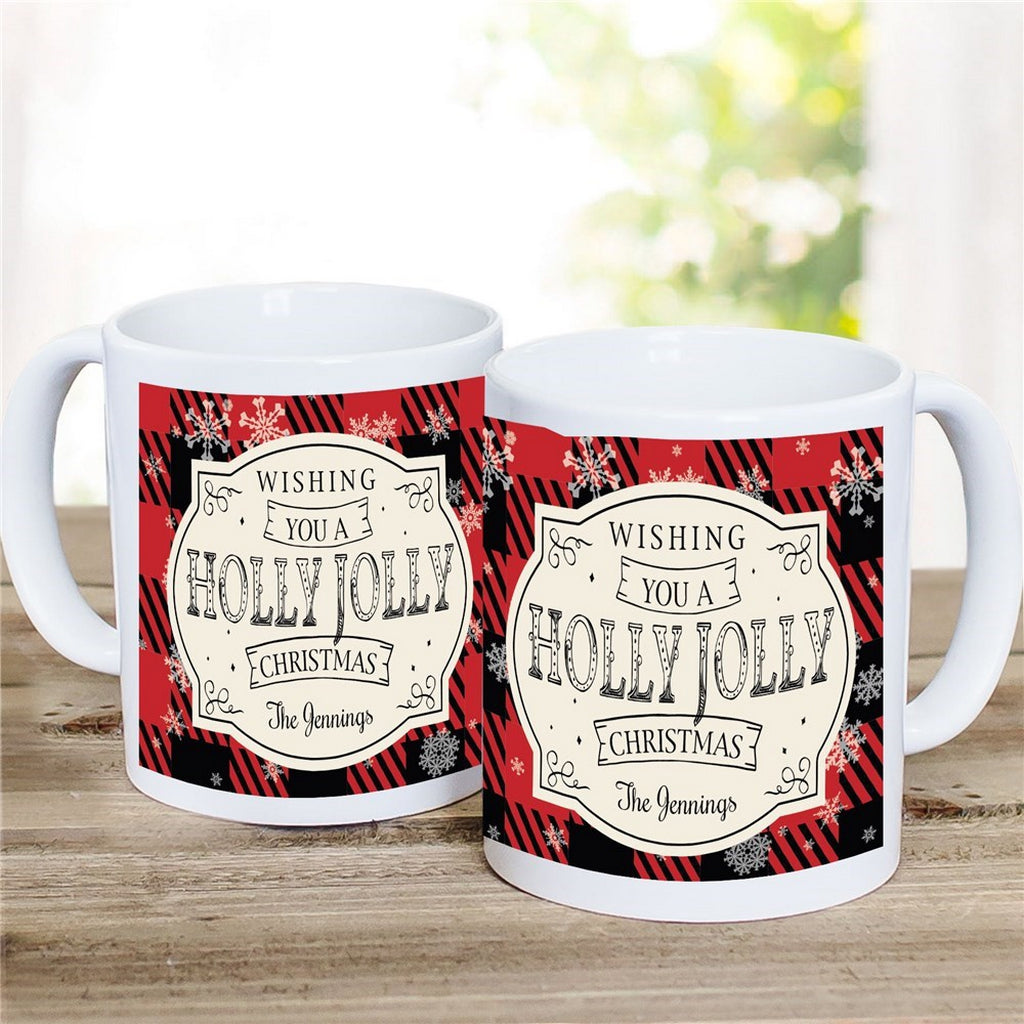 Personalized Christmas mug featuring a Holly Jolly Christmas design