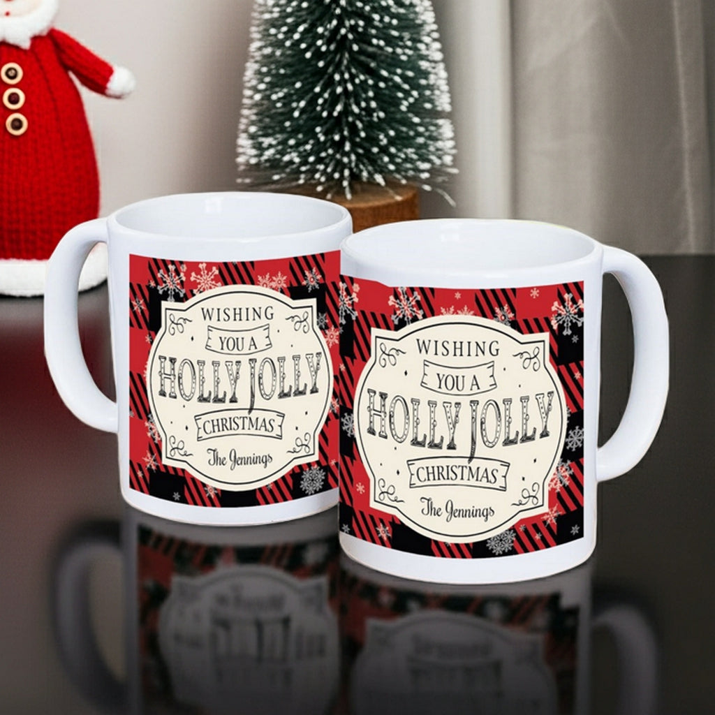 Personalized Christmas mug featuring a festive design with Holly Jolly Christmas message and custom name