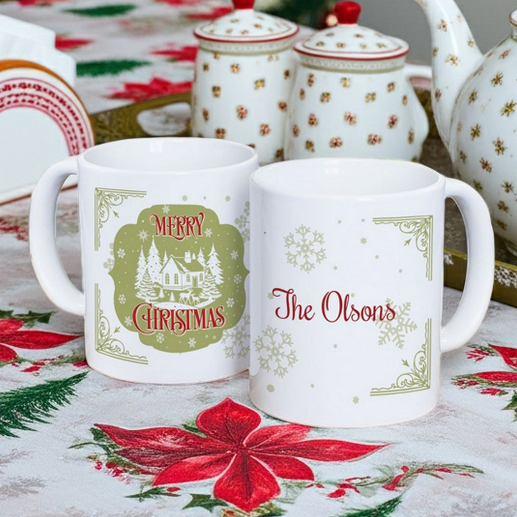 Personalized Christmas mug featuring festive designs and family name for holiday cheer