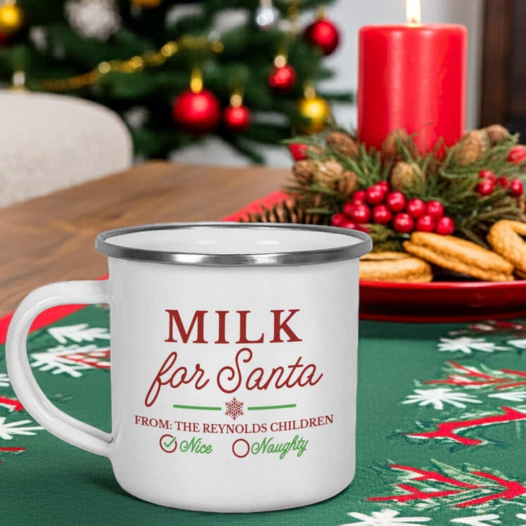 Personalized Christmas mug with 'Milk for Santa' and a festive holiday setting