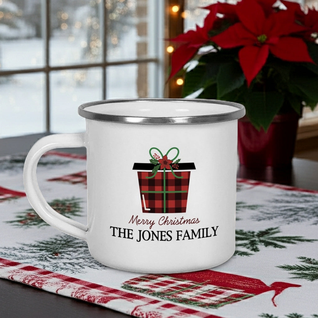 Personalized enamel Christmas mug with gift design, Merry Christmas message and custom family name