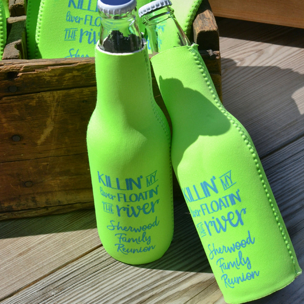 Tippytoad personalized family reunion bottle cooler sleeves in bright green with custom Sherwood family reunion text