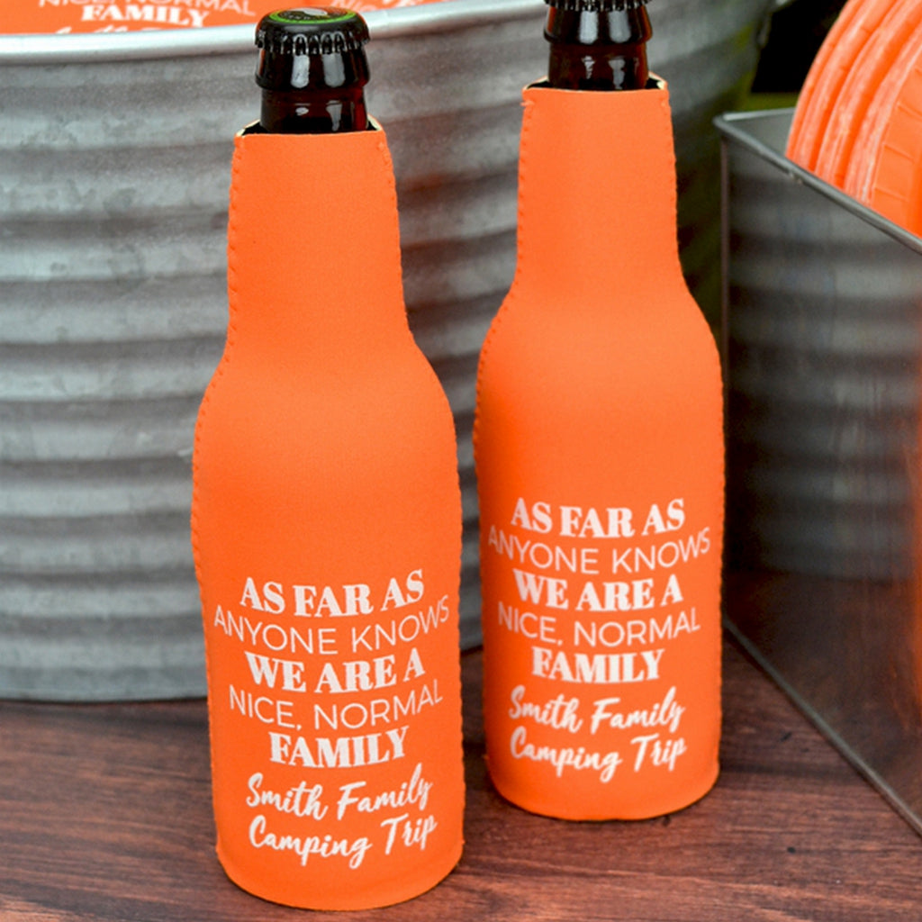 Orange personalized family reunion bottle cooler sleeves with white family camping trip text by Tippytoad