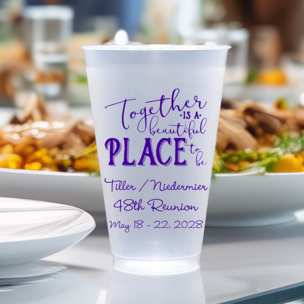 Personalized family reunion cups by Tippytoad with custom purple text for 48th reunion events