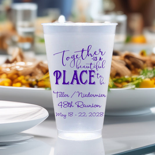 Personalized family reunion cups by Tippytoad with custom purple text for 48th reunion events