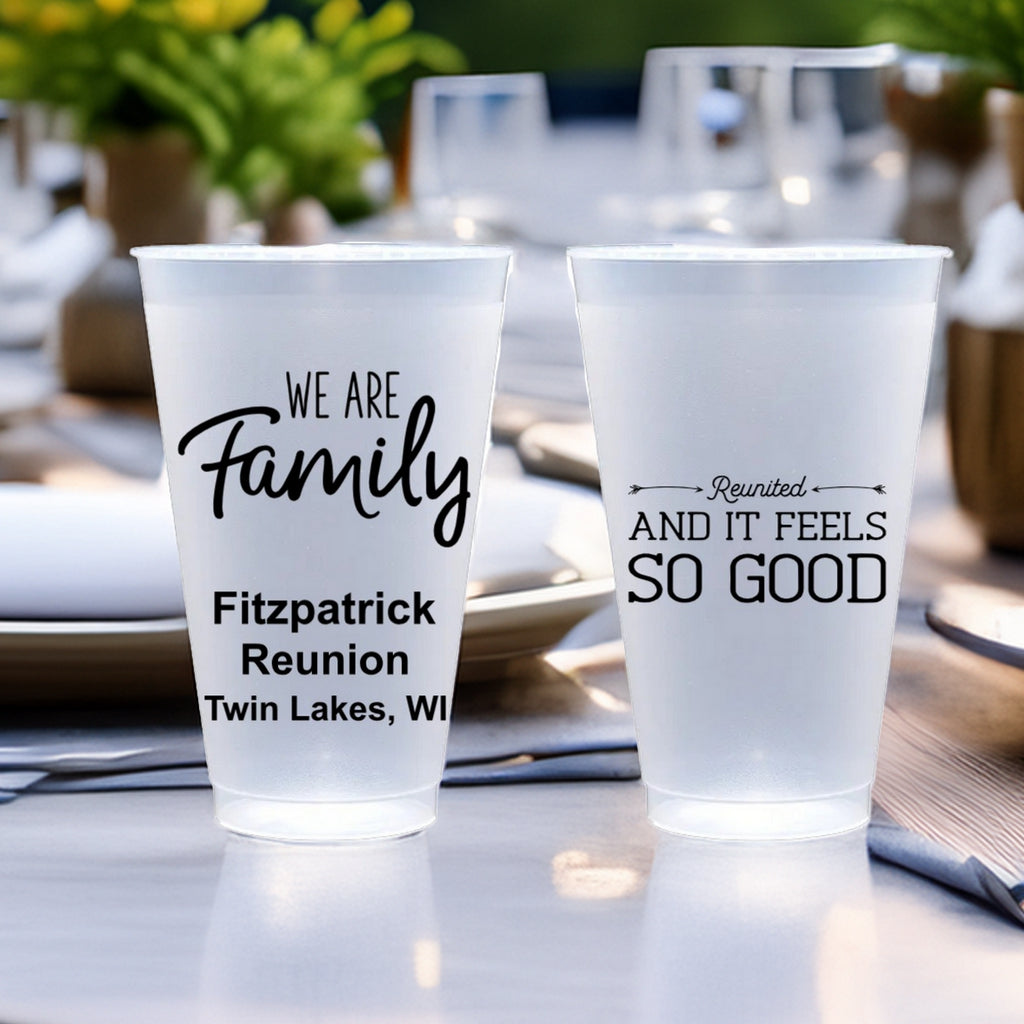 Personalized family reunion cups with custom text for Fitzpatrick family reunion at Twin Lakes