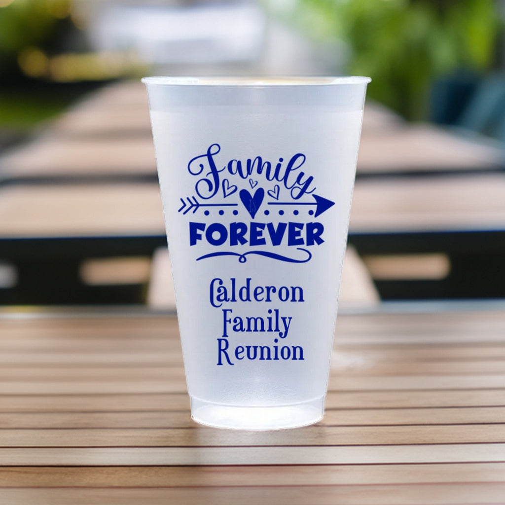 Personalized family reunion cups with blue Family Forever design for Calderon Family Reunion