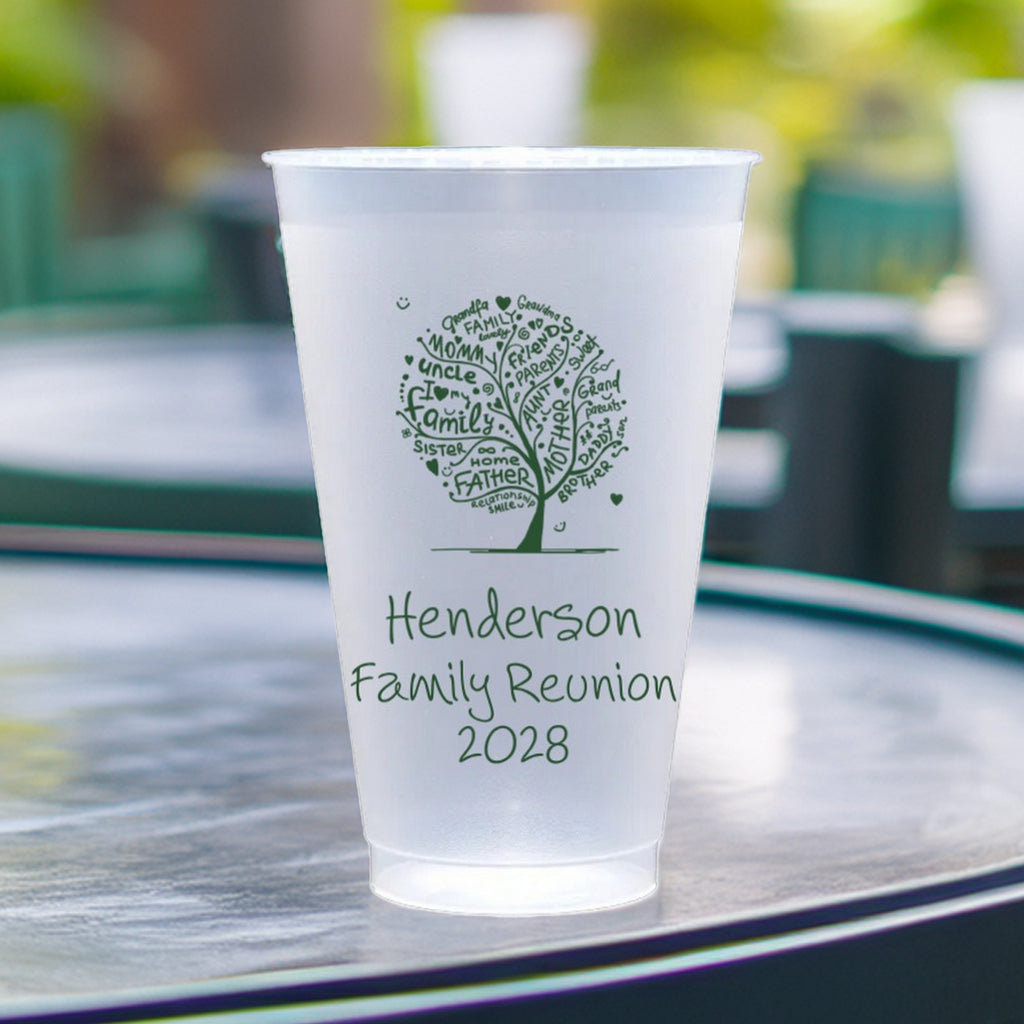 Tippytoad personalized family reunion cups featuring green family tree design and custom text Henderson Family Reunion 2028