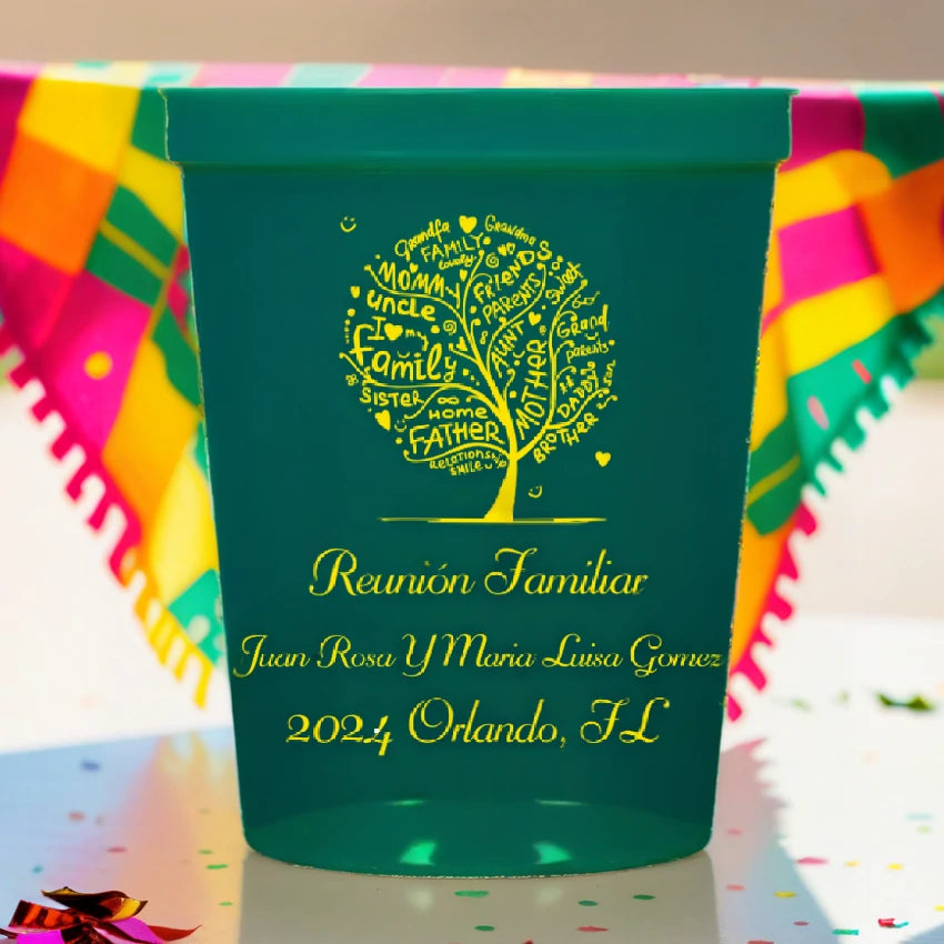 Personalized family reunion cups by Tippytoad with custom names and event details in gold text