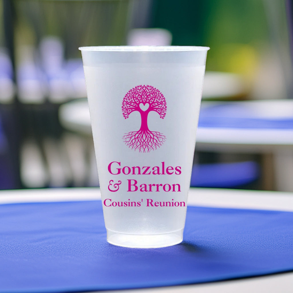 Tippytoad personalized family reunion cups with pink tree design for Gonzales and Barron cousins