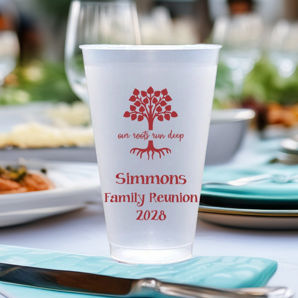 Personalized family reunion cups by Tippytoad with Simmons family name and 2028 year design