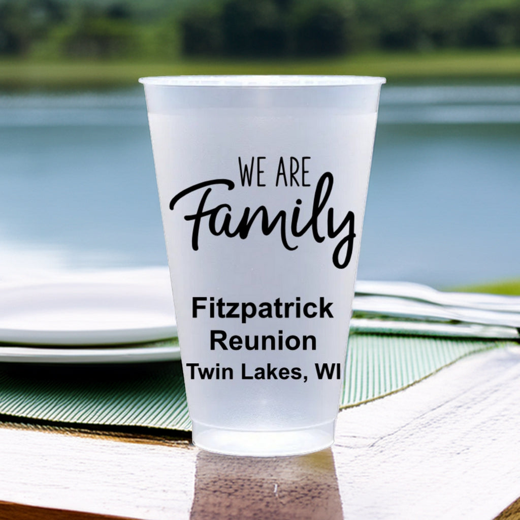 Tippytoad personalized family reunion cups with We Are Family text and Fitzpatrick Reunion design