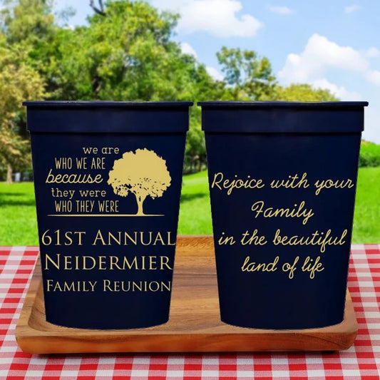 Navy 12 ounce plastic family reunion cups personalized with who we are design and 3 lines of text on front side and 4 lines of text on back side in gold print