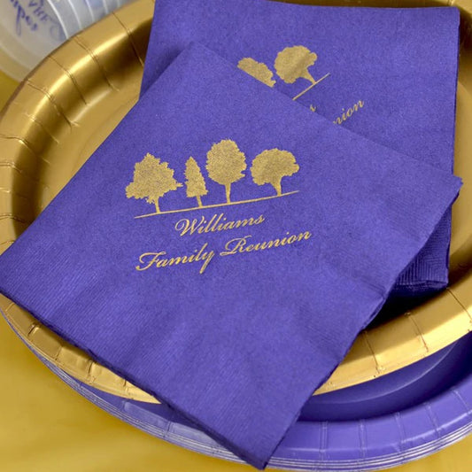 Purple color family reunion picnic lunch napkins personalized with trees design and custom text in gold print