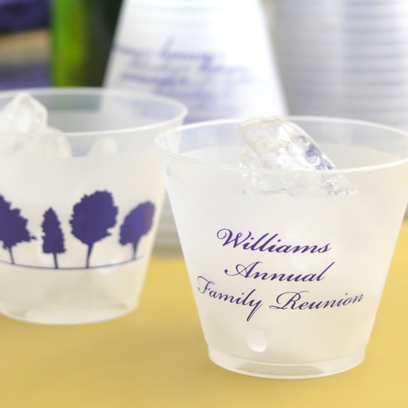 Personalized family reunion squat cups with Williams Annual Family Reunion text and tree design