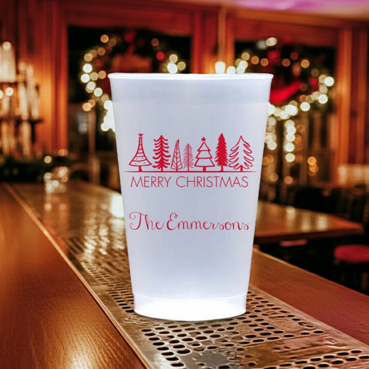 Personalized frosted plastic Christmas cups featuring festive trees and Merry Christmas design