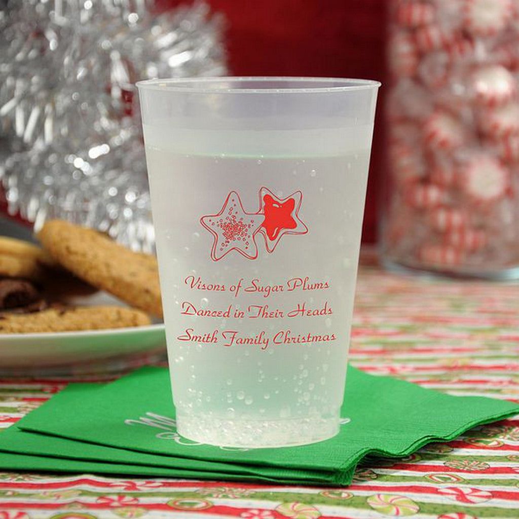 Personalized frosted plastic Christmas cups featuring festive designs for holiday parties