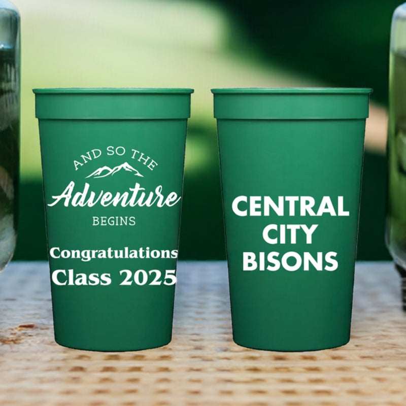 Green personalized graduation cups with congratulations Class 2025 and Central City Bisons text