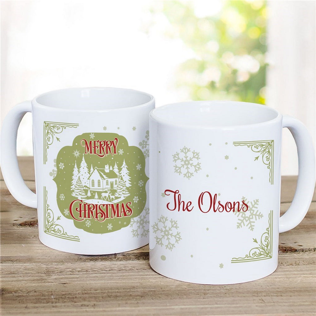Personalized green cabinChristmas mug featuring a festive design and custom name for holiday celebrations