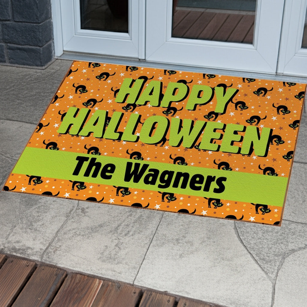 Personalized happy halloween doormat with black cats and custom family name