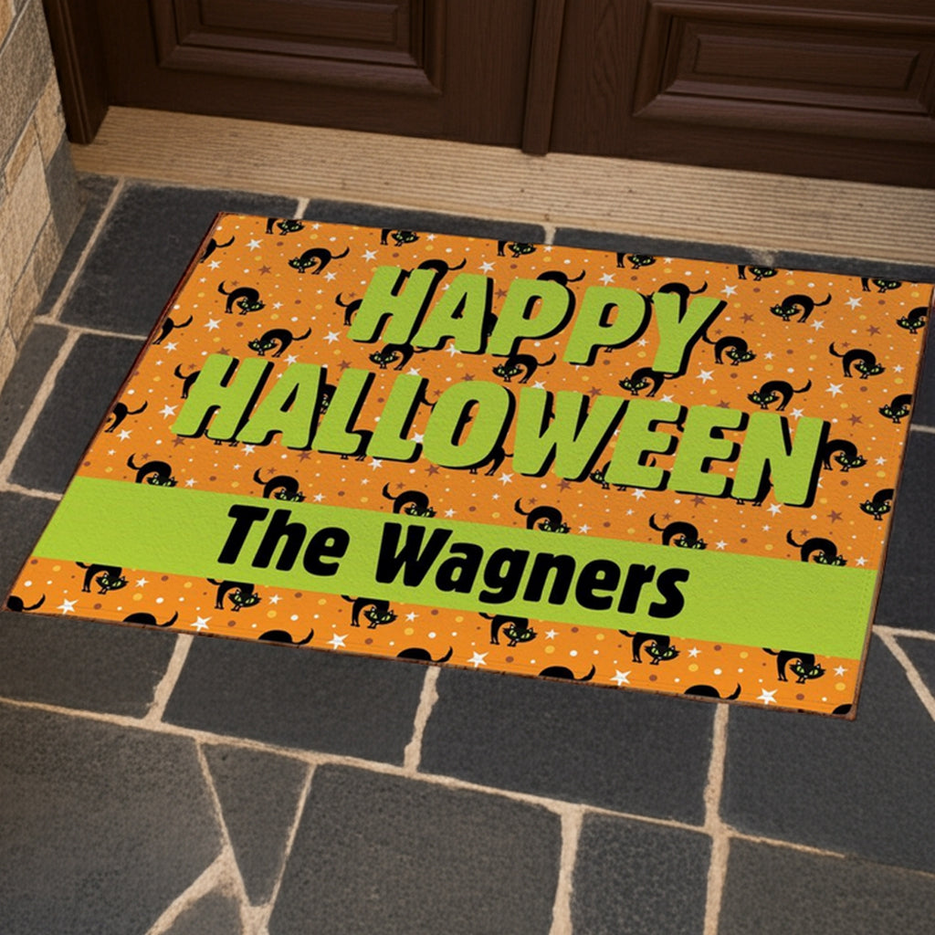 Personalized happy halloween doormat with green text and black cat pattern at front door