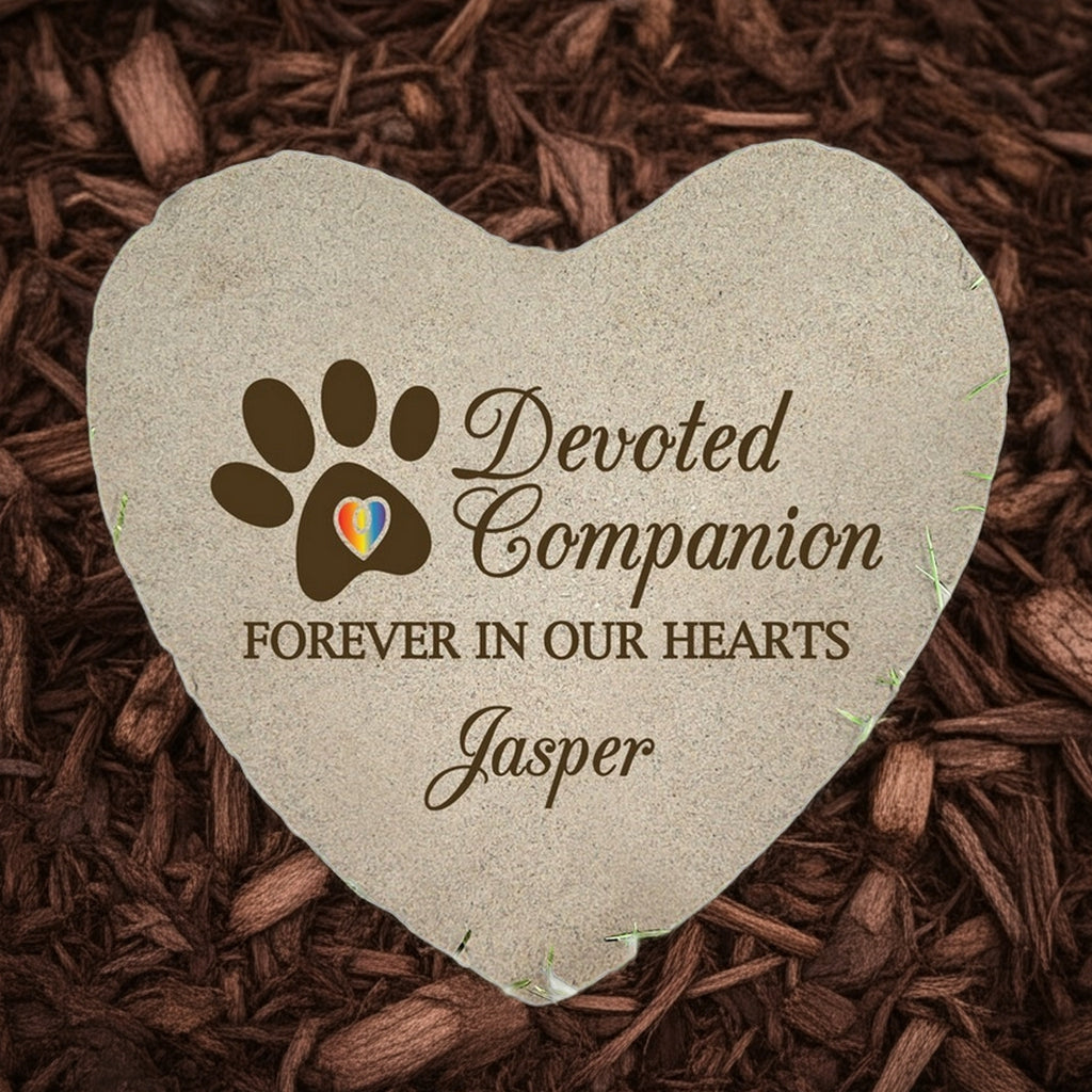 Personalized heart pet memorial garden stone with paw print and Devoted Companion message