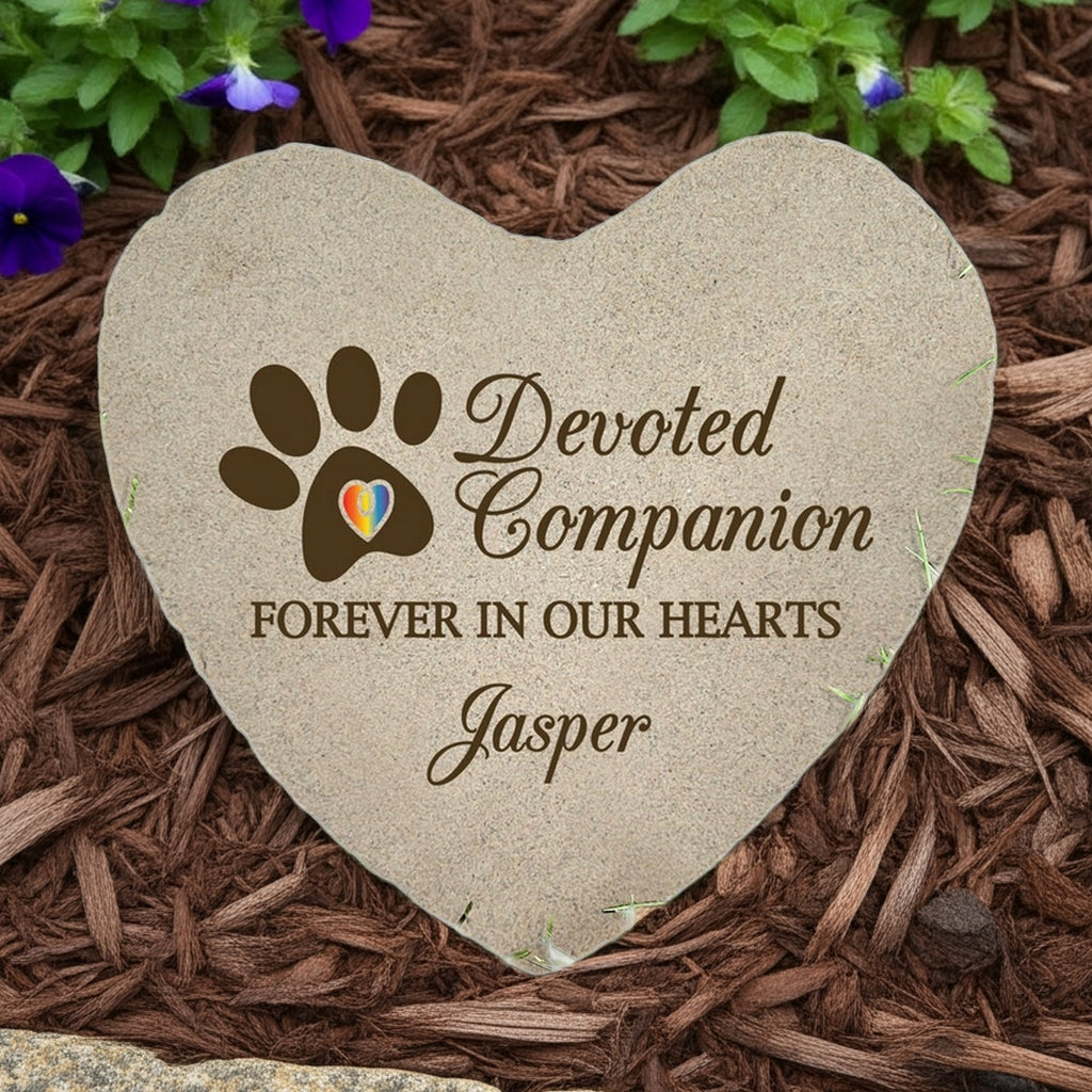 Personalized heart pet memorial garden stone with paw print and custom name Jasper