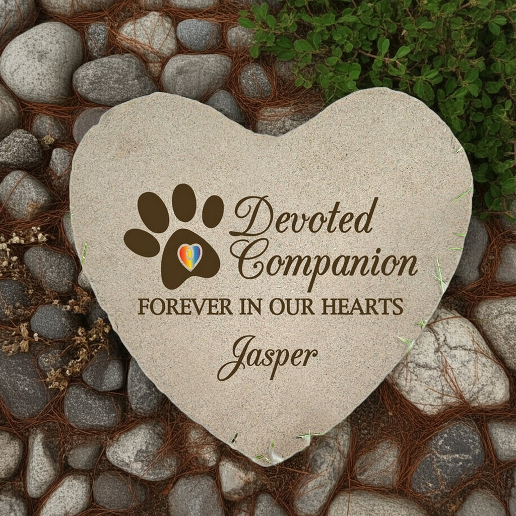 Personalized heart pet memorial garden stone with paw print and inscription Devoted Companion Forever in Our Hearts Jasper