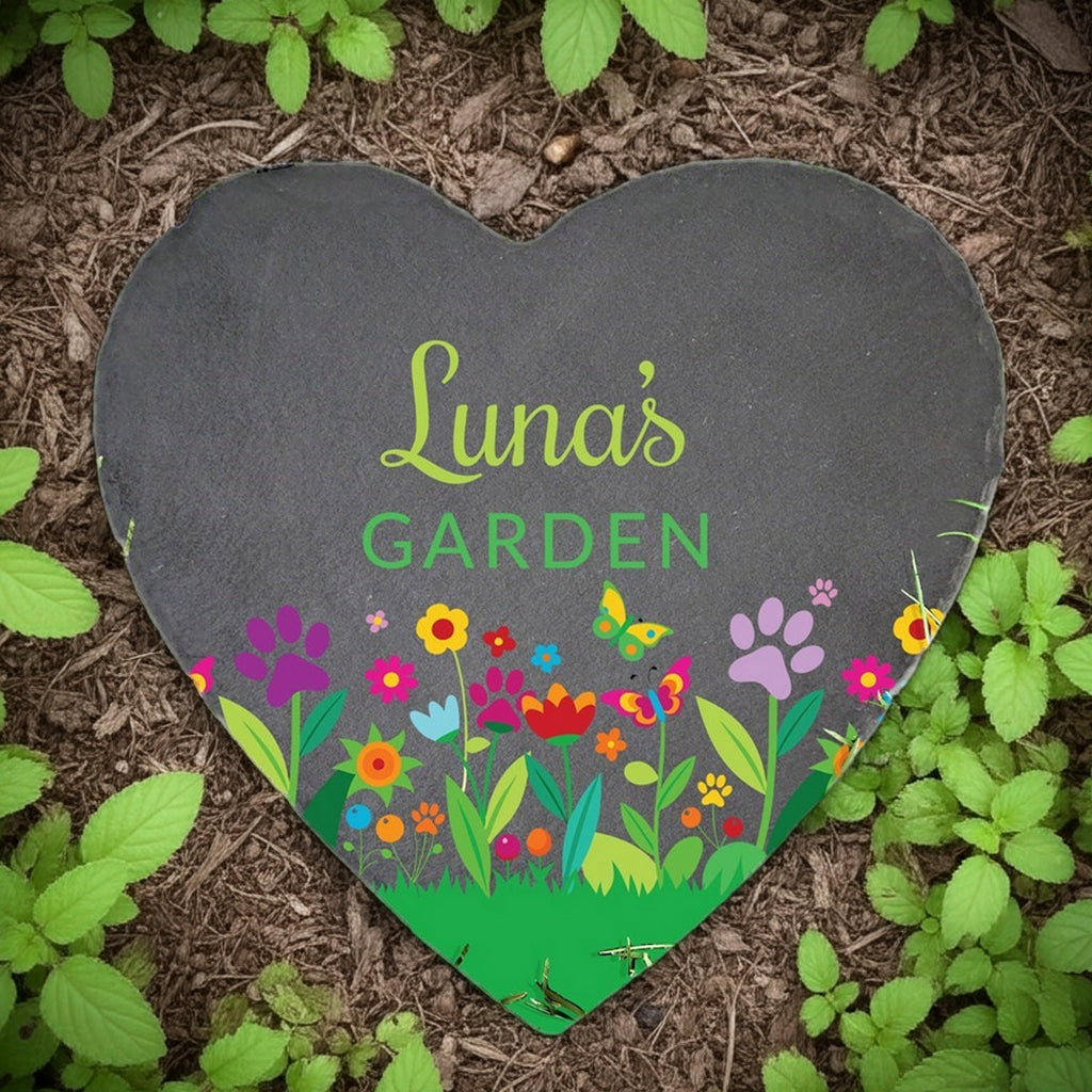 Personalized heart slate pet memorial garden stone with colorful flower design