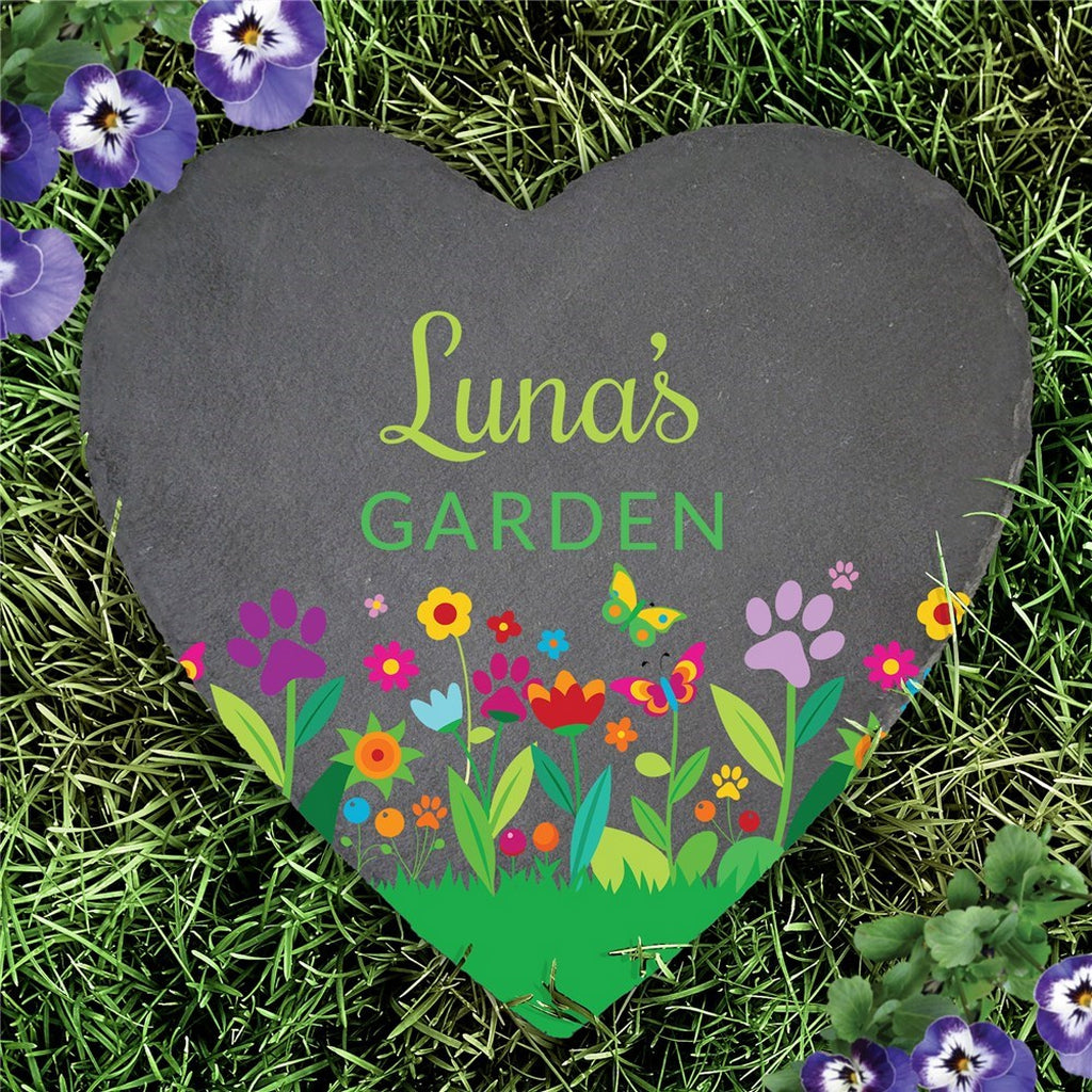 Personalized heart slate pet memorial garden stone with colorful flowers and paw prints in grass