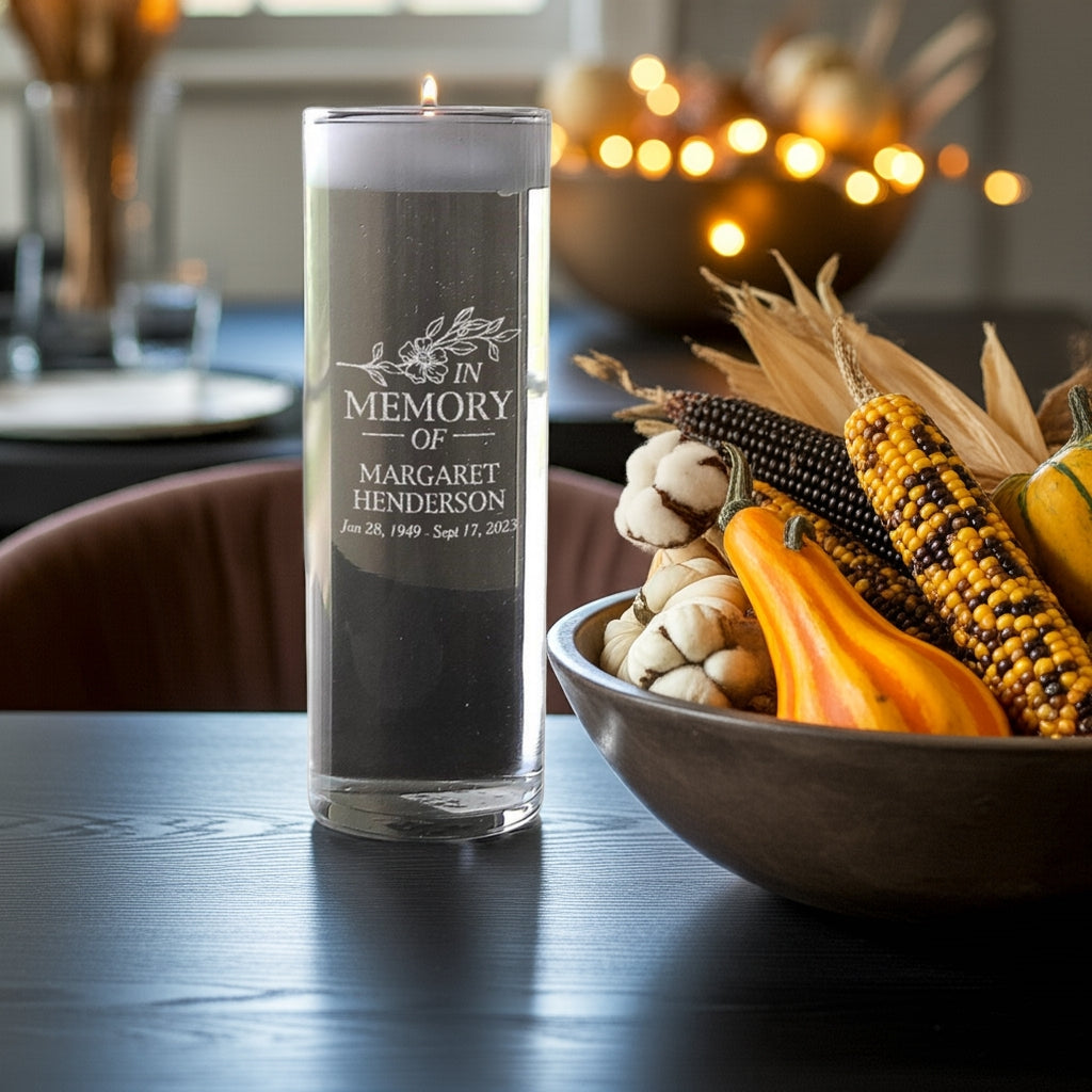 In memory of personalized memorial candle by Pro Gift Source lit on a table next to autumn decor