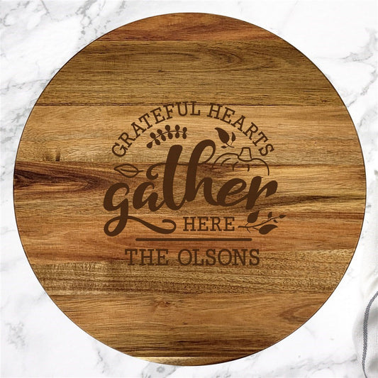 Personalized lazy susan wooden round tray with grateful hearts gather design and custom family name