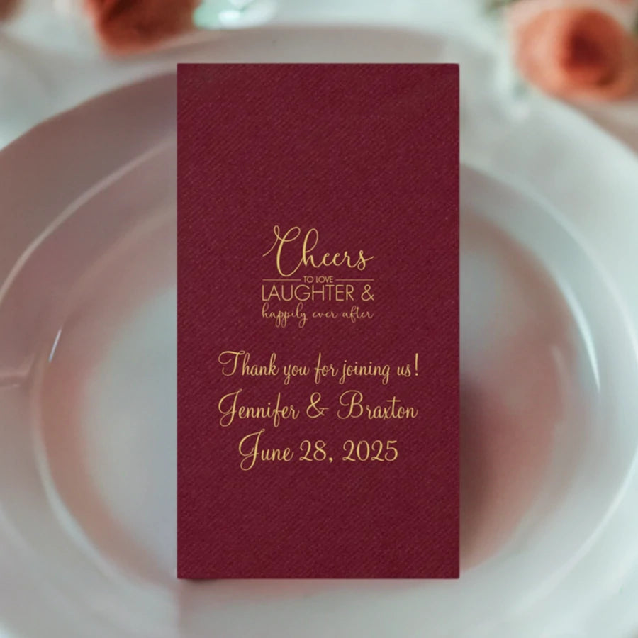 burgundy color 1/8 fold linen feel disposable wedding dinner napkin personalized with laughter and happily ever after design and 3 lines of text in gold print