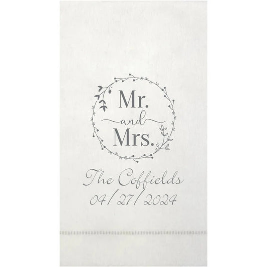 Silver hemstitch bella wedding guest hand towel personalized with mr and mrs wreat design and custom text in charcoal grey print