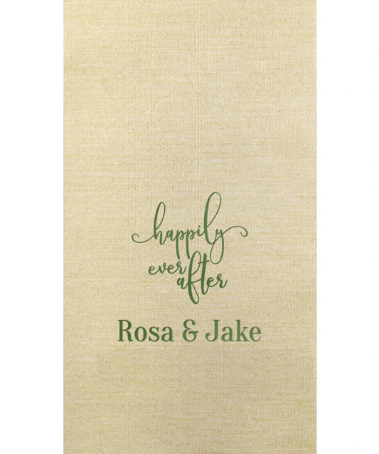Champagne color bella bamboo fiber wedding guest towel personalized with happily ever after design and bride and groom name in green print