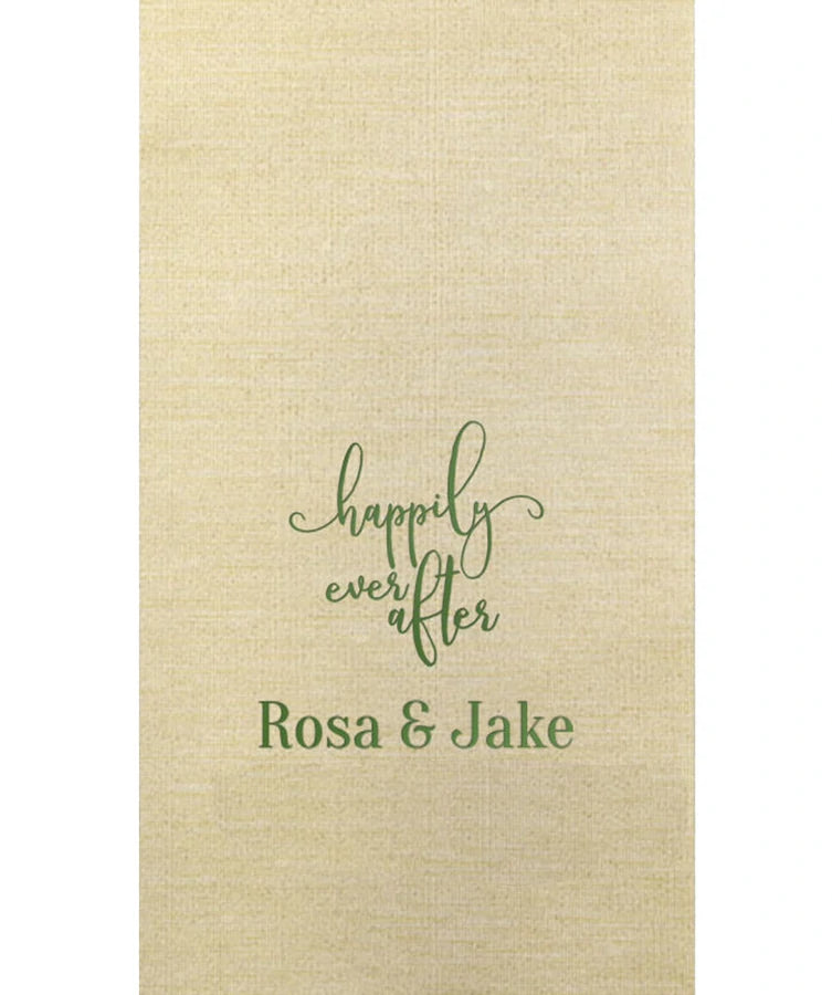 Champagne color bella bamboo fiber wedding guest towel personalized with happily ever after design and bride and groom name in green print