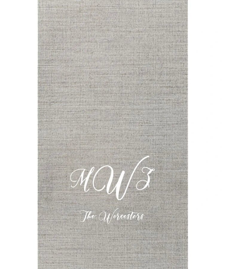 Silver color Bella wedding dinner napkin personalized with custom monogram and married couple name in white print