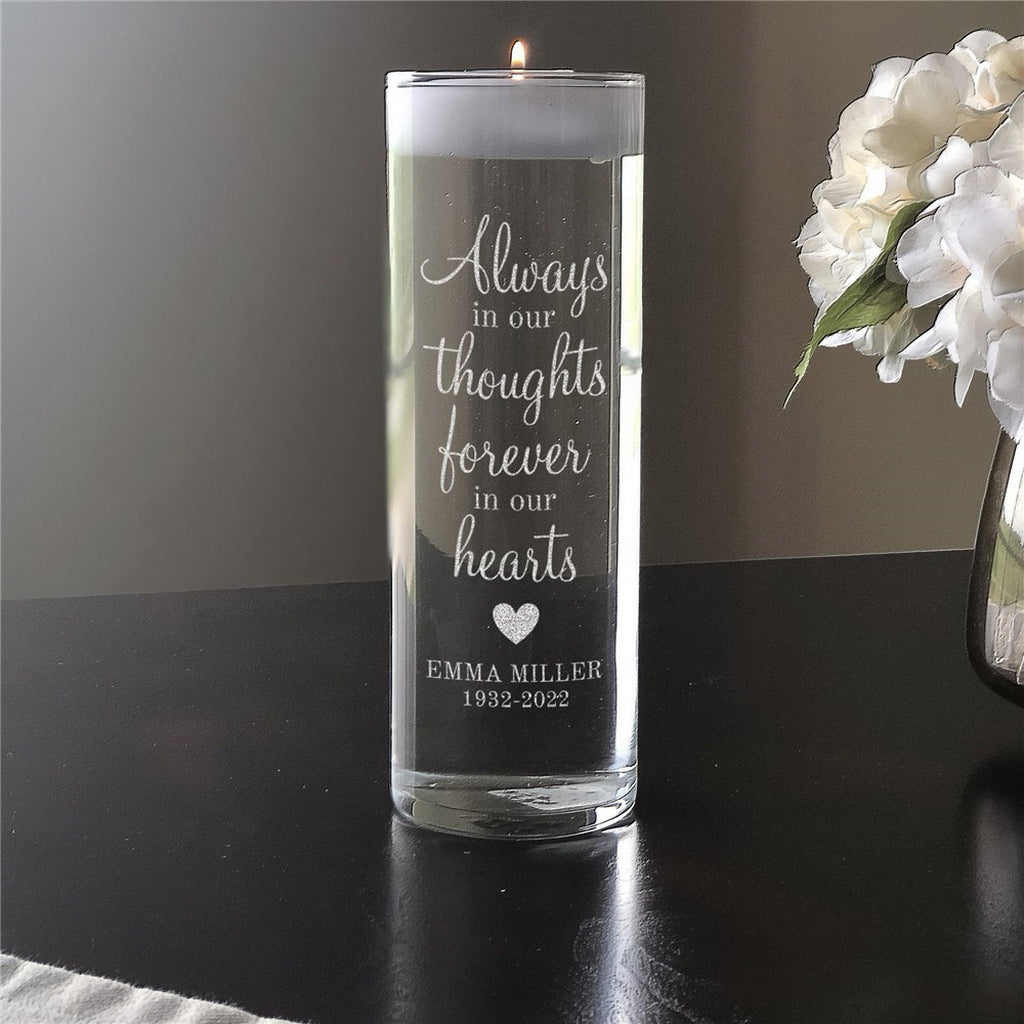 Personalized memorial candle with heartfelt message and name Emma Miller etched on clear glass