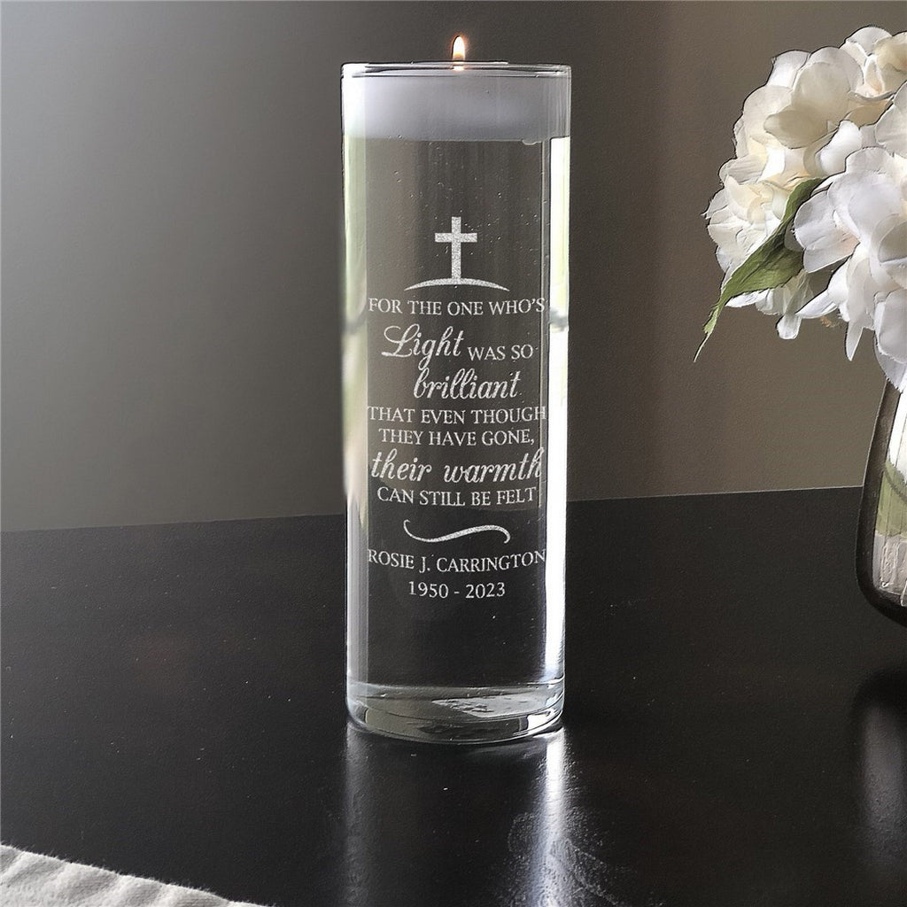 Personalized memorial candle vase with engraved cross and custom text for remembrance