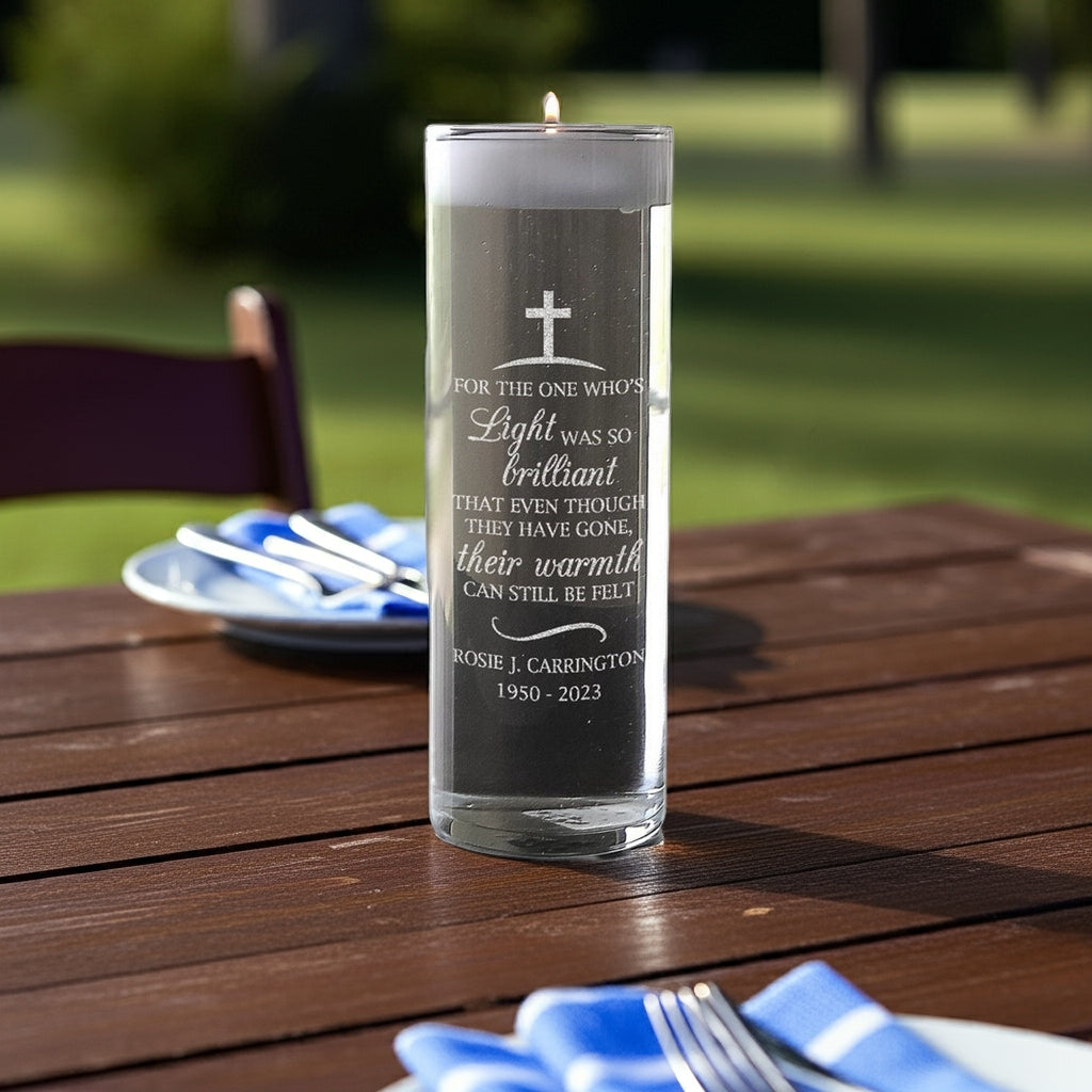 Personalized memorial candle vase with engraved tribute and cross on clear glass by Pro Gift Source