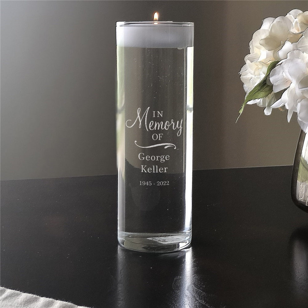 Personalized memorial candle vase engraved with In Memory of George Keller 1945 to 2022