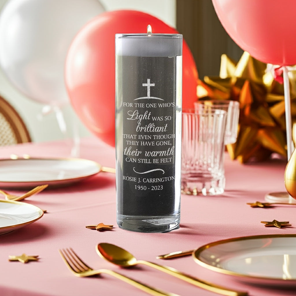 Personalized memorial candle vase with engraved tribute on black candle by Pro Gift Source