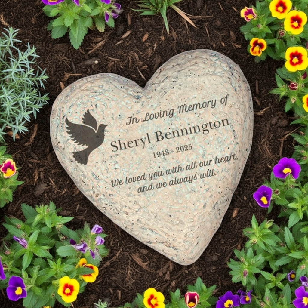 Heart-shaped personalized memorial garden stone with custom engraved tribute text