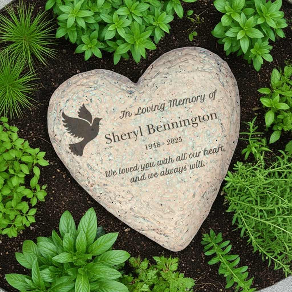 Personalized memorial garden stone heart shaped with engraved dove and loving memory message surrounded by green plants